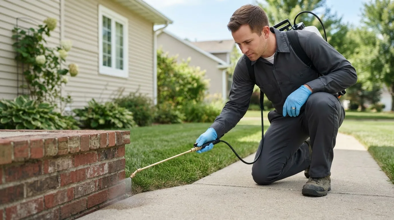 Pest control technician treating a home near White Sulphur Springs, WV